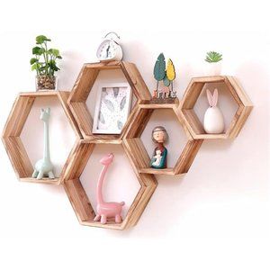 Hexagon Floating Shelves, Wall Mounted Wood Farmhouse Storage Honeycomb Shelves